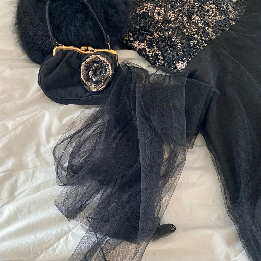 Witchy Goth Black Strapless Beaded Lace Tulle Bridal Gown - Picture 14 of 15